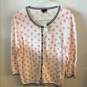 NWT Talbots Cream and Pink Polka Dot Cardigan Retail $89.50